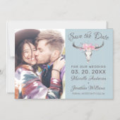 Rustieke Koe Skull Floral Blue Foto Save the Date Magnetische Uitnodiging (Voorkant)