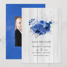 Rustieke Koninklijk Blauwe en Zilveren Bloemachtig Save The Date