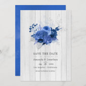 Rustieke Koninklijk Blauwe en Zilveren Bloemige Tr Save The Date (Voorkant / Achterkant)