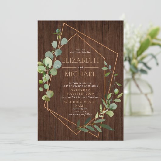 Rustieke Koper Geometrische Eucalyptus Houten Foto Kaart (Staand voorkant)