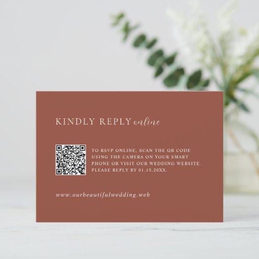 Rustieke Koper QR Code Editoriale Moderne Huwelijk RSVP Kaartje (Staand voorkant)