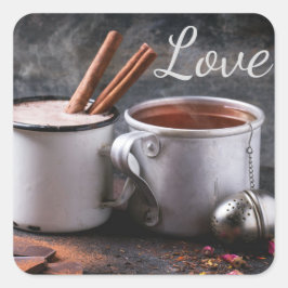Rustieke kopje thee en warme chocolademelk in de l vierkante sticker