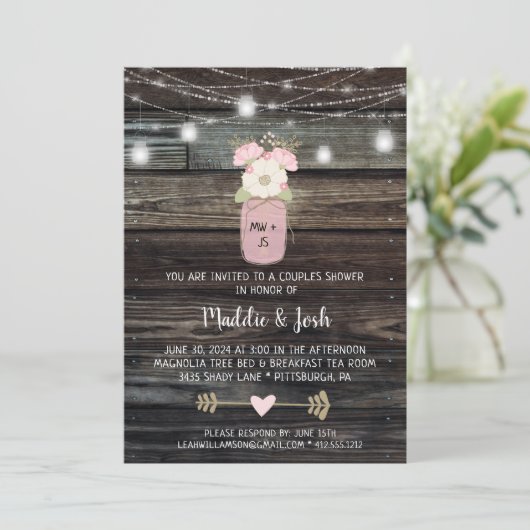 Rustieke Koppel Shower Mason Jar Lichten Boho Bloe Kaart (Staand voorkant)