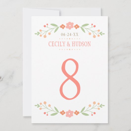Rustieke koraal groen bloemenbruiloft tafel nummer kaart (Achterkant)