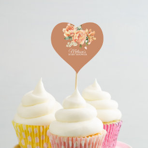 Rustieke koraal perzik bloem cupcake topper hart sticker