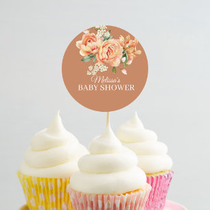 Rustieke koraal perzik bloem cupcake topper ronde sticker