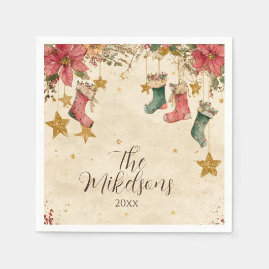 Rustieke kousen en poinsettias kerstfeest servet (Voorkant)