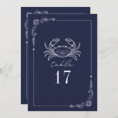 Rustieke krab donkerblauwe trouwtafel nummer kaart (Voorkant / Achterkant)