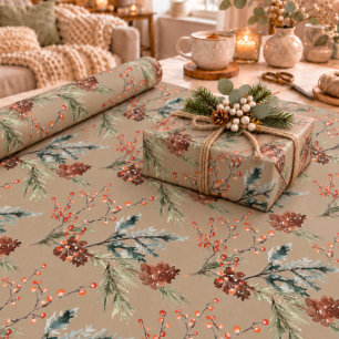 Rustieke Kraft Alle Winter Sparappel Kruidbes Cadeaupapier