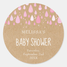 Rustieke kraft baby roze regendruppels baby shower ronde sticker