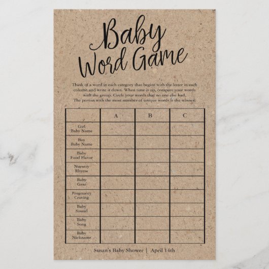 Rustieke Kraft Baby Word Game Douche Papier Spel K Flyer (Voorkant)