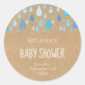 Rustieke kraft babyblauwe regendruppels baby showe ronde sticker (Voorkant)