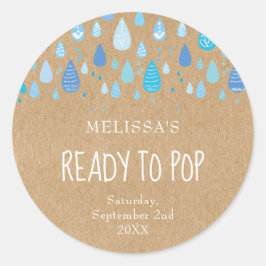 Rustieke Kraft Babyblauwe Regendruppels Op Barsten Ronde Sticker