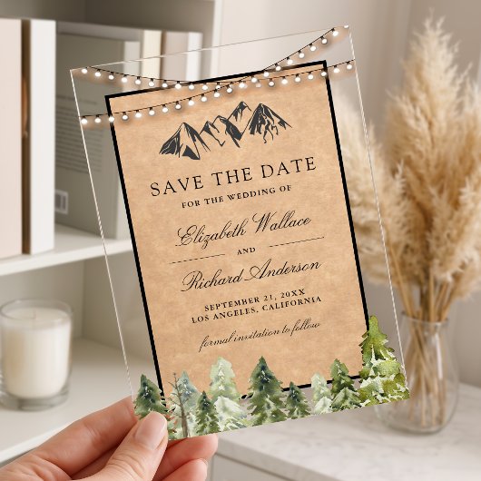 Rustieke Kraft Bergbos Bruiloft Save the Date Acryl Uitnodigingen