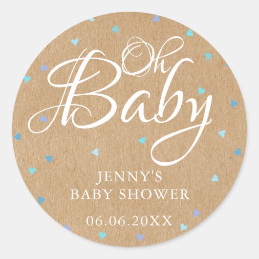 Rustieke Kraft Blauwe Harten Oh Baby baby shower Ronde Sticker (Voorkant)