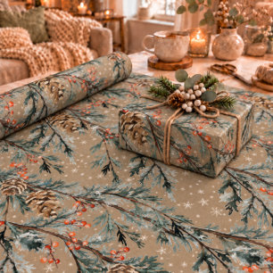 Rustieke Kraft Blauwe Jeneverbes Takken Kegels & B Cadeaupapier