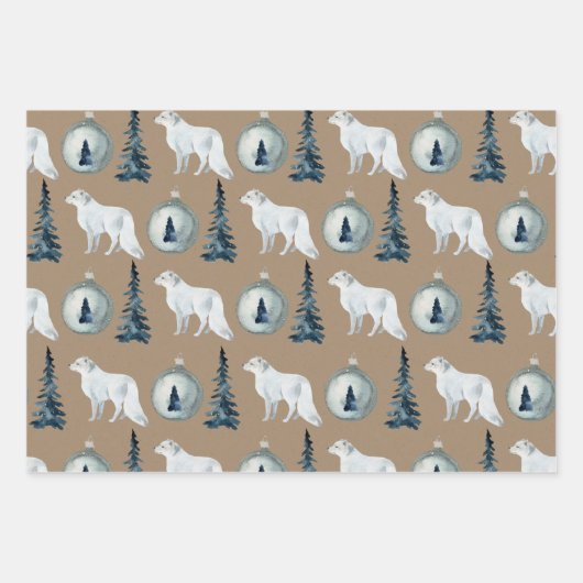 Rustieke Kraft Blauwe Spruce Tree Arctic Fox Rendi Inpakpapier Vel (Voorkant 2)