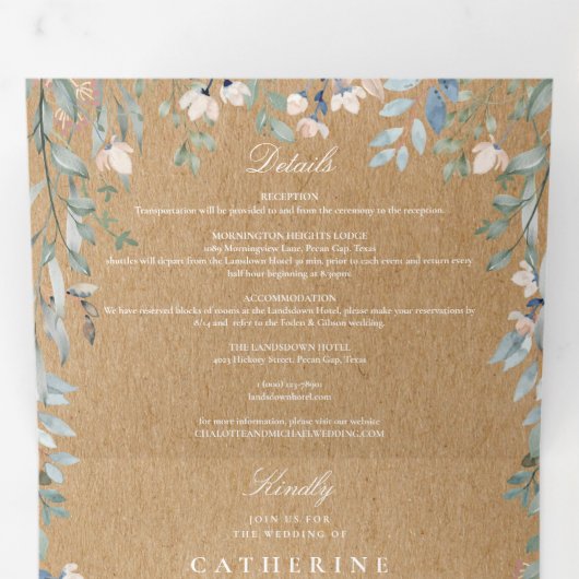 Rustieke Kraft Bloem Wilde Bloemen Foto Bruiloft Drieluik Uitnodiging (Binnenzijde eerst)