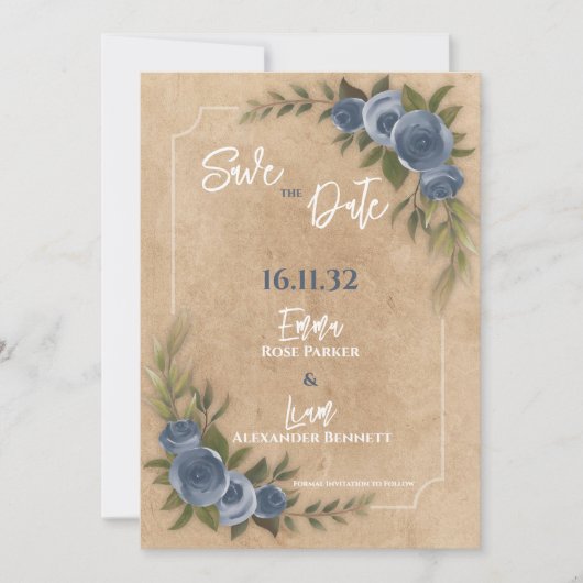 Rustieke Kraft Blue Floral Wedding Save the Date (Voorkant)