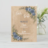 Rustieke Kraft Blue Floral Wedding Save the Date (Staand voorkant)