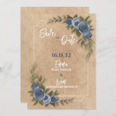 Rustieke Kraft Blue Floral Wedding Save the Date (Voorkant / Achterkant)