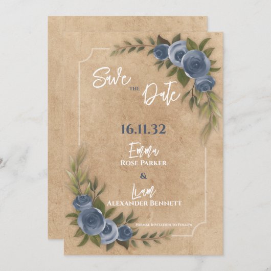 Rustieke Kraft Blue Floral Wedding Save the Date (Voorkant / Achterkant)