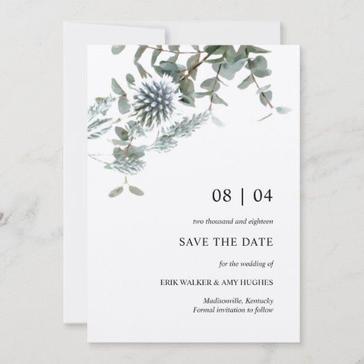 Rustieke Kraft Blue Thistle Floral Save the Date Kaart (Voorkant)