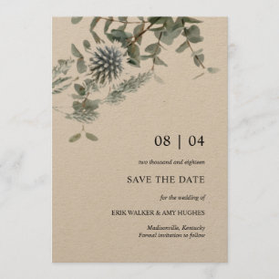 Rustieke Kraft Blue Thistle Floral Save the Date Kaart