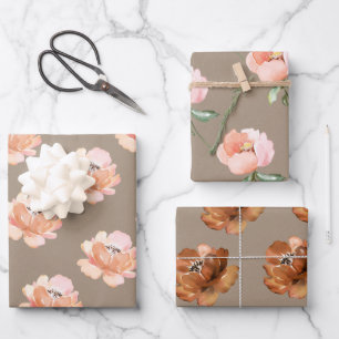 Rustieke kraft blush perzik en cognac bloemen inpakpapier vel
