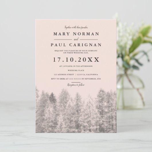 Rustieke kraft blush pijnbomen bos bruiloft kaart (Staand voorkant)