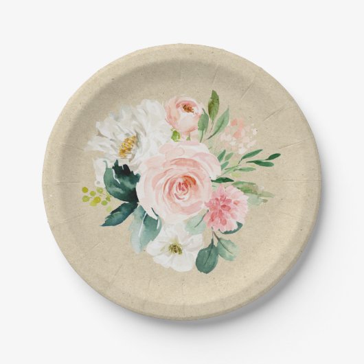 Rustieke Kraft & Blush Roze Waterverf Bloemendesig Papieren Bordje (Voorkant)