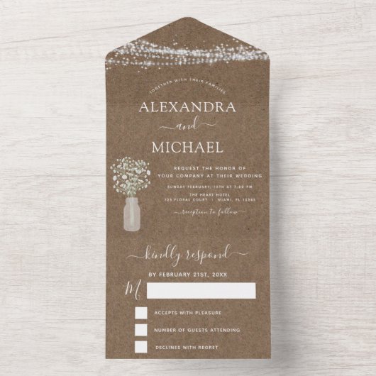 Rustieke Kraft Boerderij Baby's Breath Bruiloft All In One Uitnodiging (Binnen)