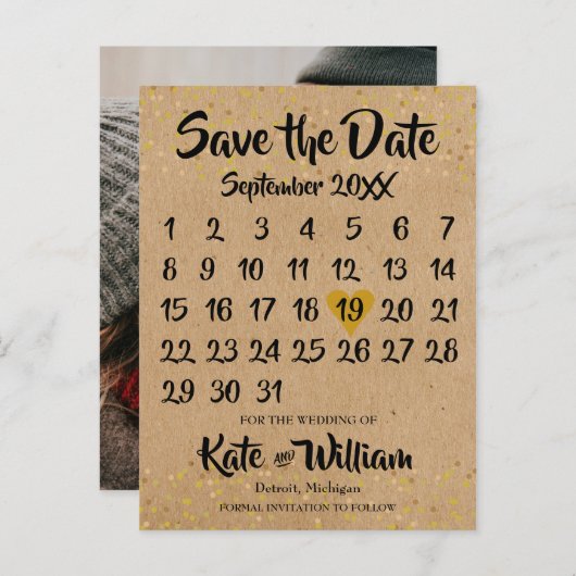 Rustieke Kraft Boho Kalender Bewaar de datum Foto Aankondigingskaart (Voorkant / Achterkant)