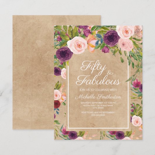 Rustieke Kraft Boho Pruim Roze Bloem 50e Verjaarda Kaart (Voorkant / Achterkant)