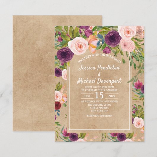 Rustieke Kraft Boho Pruim Roze Bloemen Bruiloftsin Kaart (Voorkant / Achterkant)