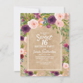 Rustieke Kraft Boho Pruim Roze Bloemige Sweet 16 Kaart (Voorkant)