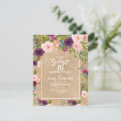 Rustieke Kraft Boho Pruim Roze Bloemige Sweet 16 Kaart (Staand voorkant)
