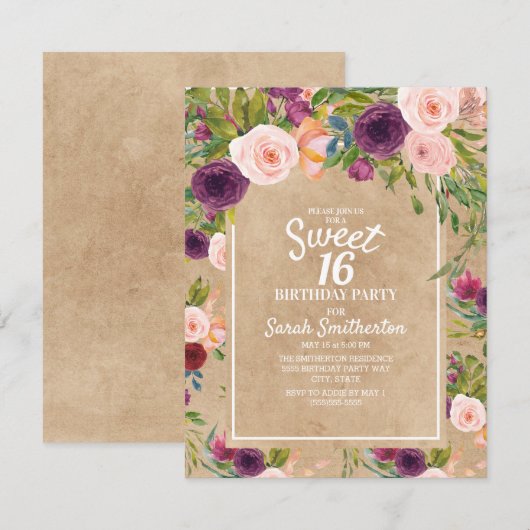 Rustieke Kraft Boho Pruim Roze Bloemige Sweet 16 Kaart (Voorkant / Achterkant)
