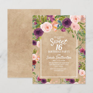 Rustieke Kraft Boho Pruim Roze Bloemige Sweet 16 Kaart