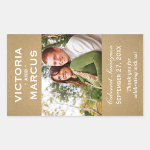 Rustieke Kraft Bruiloft Monogram Foto Wijn Favor Rechthoekige Sticker