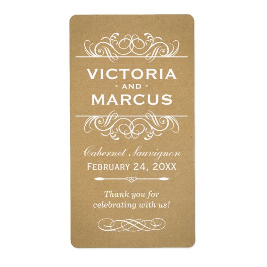 Rustieke Kraft Bruiloft Monogram Wijnfles Favor Etiket (Voorkant)
