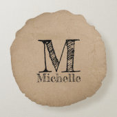 Rustieke Kraft Bruin Papier Uitzicht Initiaal Rond Kussen (Achterkant)