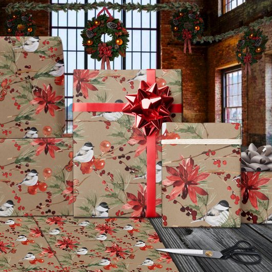 Rustieke Kraft Chickadees Rode Beries & Poinsettia Inpakpapier Vel