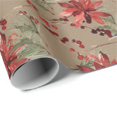 Rustieke Kraft Chickadees Rode bessen & Poinsettia Cadeaupapier (Rol Hoek)