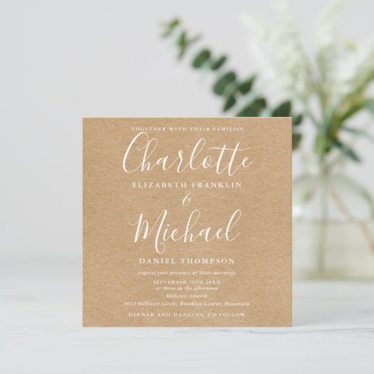 Rustieke Kraft Elegante Script All In One Trouwen Kaart (Staand voorkant)