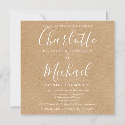 Rustieke Kraft Elegante Script All In One Trouwen Kaart (Voorkant)