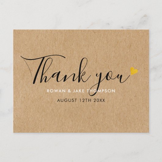 Rustieke Kraft Elegante Script Gouden Hart Bedankt Briefkaart (Voorkant)
