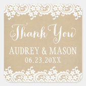 Rustieke Kraft en Kant Bruiloft Dank u Vierkante Sticker (Voorkant)