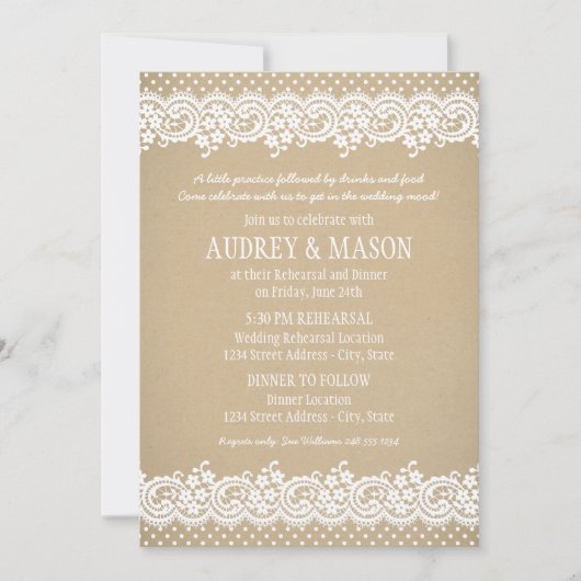 Rustieke Kraft en kant bruiloft repetitie en diner Kaart (Voorkant)