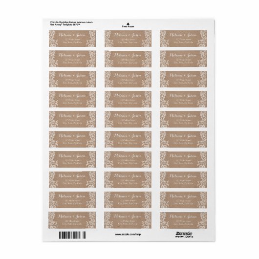 Rustieke Kraft en Kant Bruiloft Retouradres Label (Full Sheet)